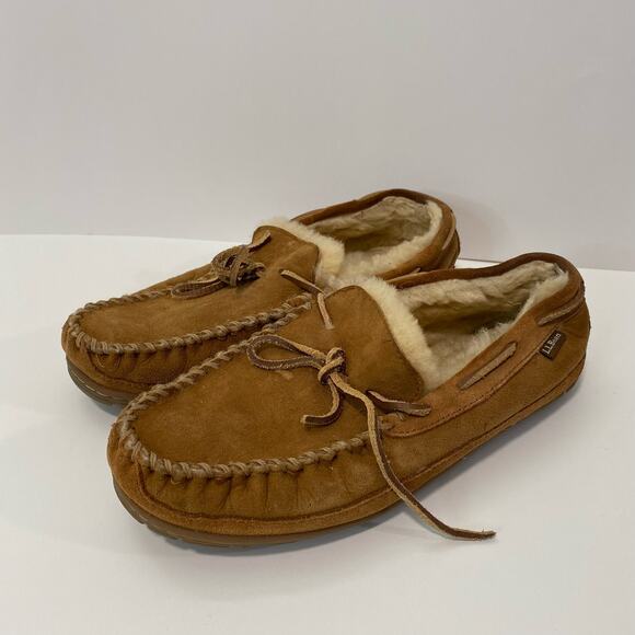 L.L. Bean Men's Wicked Good Moccasins Slippers Brown Suede Shearling Size 11 - Picture 1 of 7